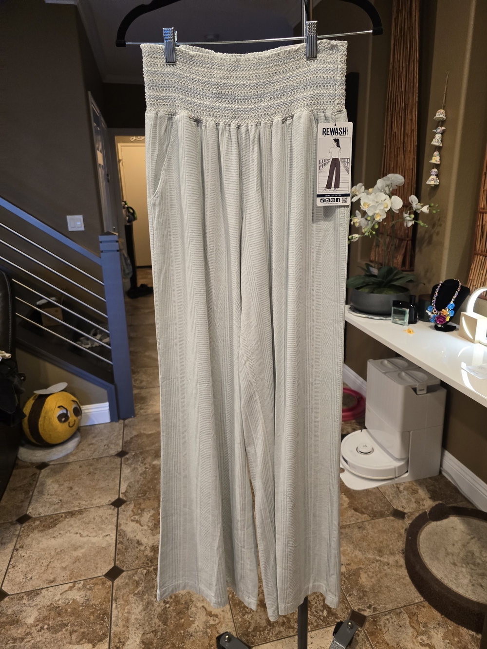 REWASH Wide Leg Smocked Waist Pants in Light Gray